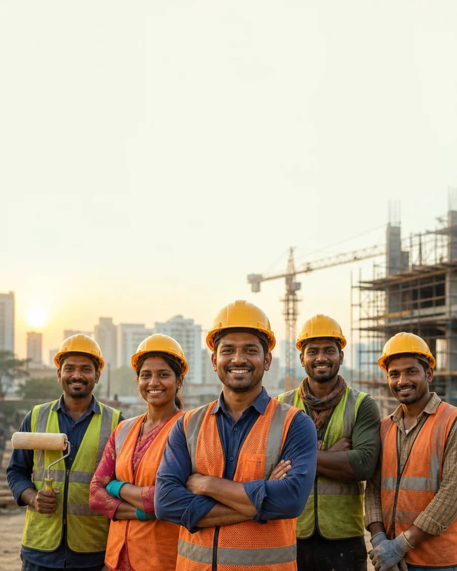 Indian women and men construction workers ready for work